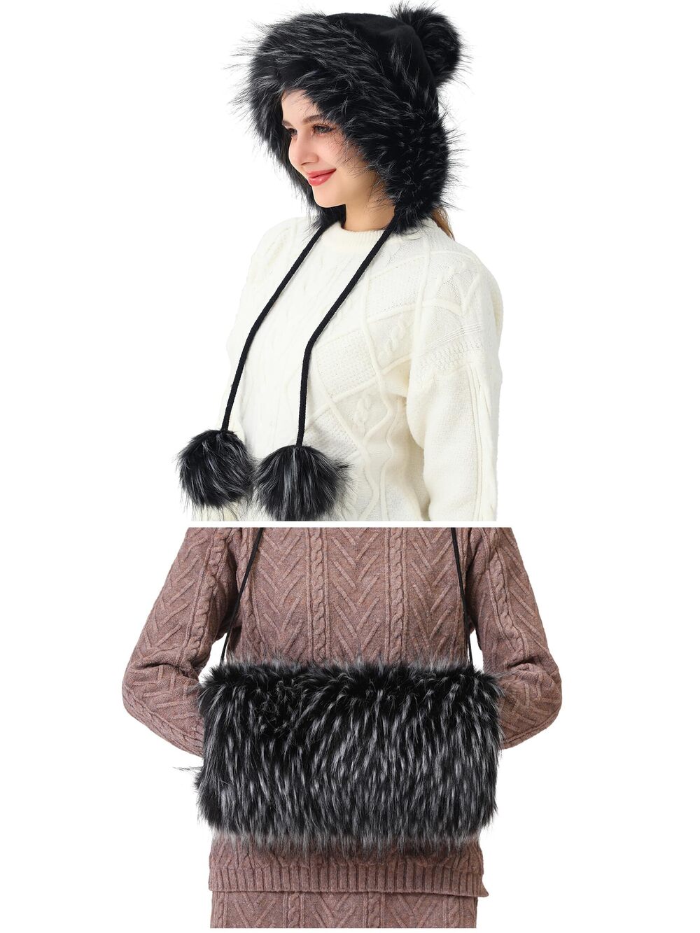 4527 Faux Fox Fur Pom Pom Hat and Hand Muffs 2pc Set